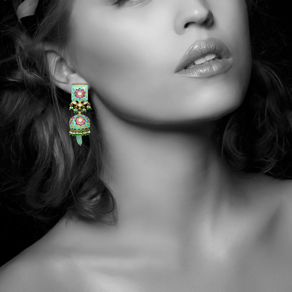 Lotus Enamel Jhumkas with Polkis and Russian Emerald Drops